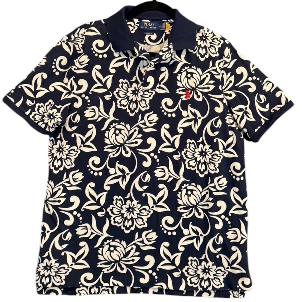 Polo Ralph Lauren French Floral Mesh Preppy Travel Polo Shirt Navy Cream Sz M